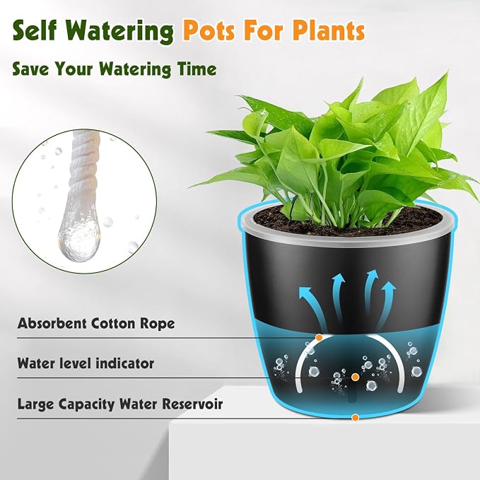 Self-Watering Pots for Indoor Plants, 8-Pack Self Watering Planter with Drainage Holes, Small African Violet Pots with Water Indicator, 5-Pack 5''/3-Pack 6.7'' Orchid Pot, Black