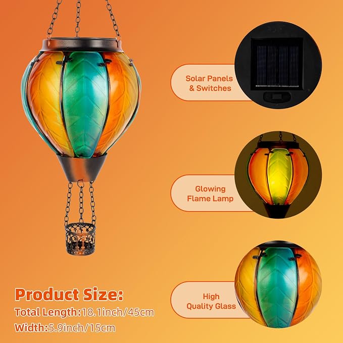 Hanging Solar Hot Air Balloon Lantern with Flame, Glass Hot Air Balloon Solar Lantern Outdoor Waterproof, Solar Powered Hot Air Balloon Lantern Decorative for Outside Garden Yard (Orange)