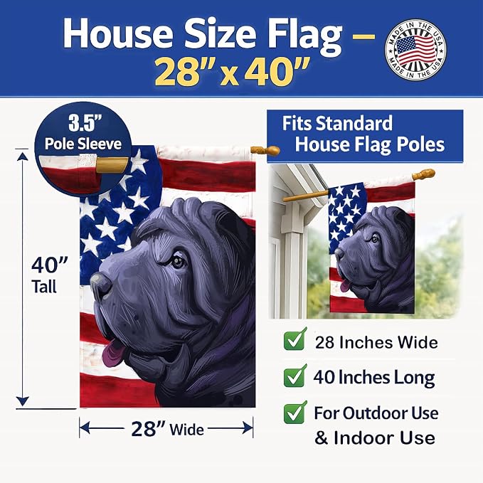 Caroline's Treasures CK6620CHF Miniature Shar Pei Dog American Flag House Flag Large Porch Sleeve Pole Decorative Outside Yard Banner Artwork Wall Hanging, Polyester, House Size, Multicolor