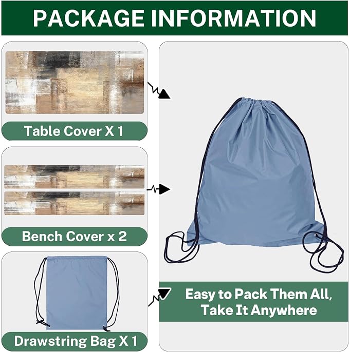 Brown Beige Painting Picnic Table Cover with Bench Covers, Grey Office Contemporary Abstract Outdoor Camping Essentials 6FT 3PCS Fitted Rectangle RV Must Haves Tablecloth with Drawstring Bag