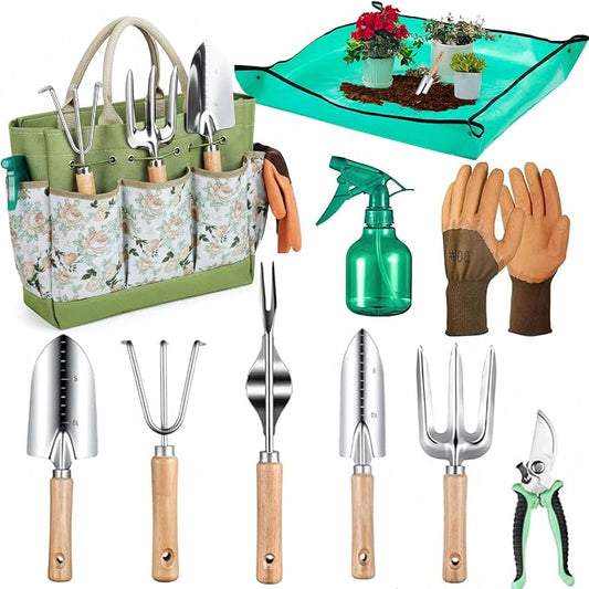 Heavy Duty 10-Piece Garden Tool Set, Rust-Proof Stainless Steel Gardening Hand Tools, Ergonomic Non-Slip Grips, Ideal Gardening Gifts for Women & Men – Gardening Essentials (Green)