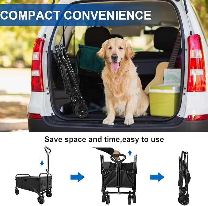 Collapsible Wagon with Quiet Wheels - Silent Grocery Shopping Cart for Seniors, Foldable Utility Cart for Laundry & Apartment, Washable Heavy Duty Rolling Wagon with Two Mesh Pockets, Black