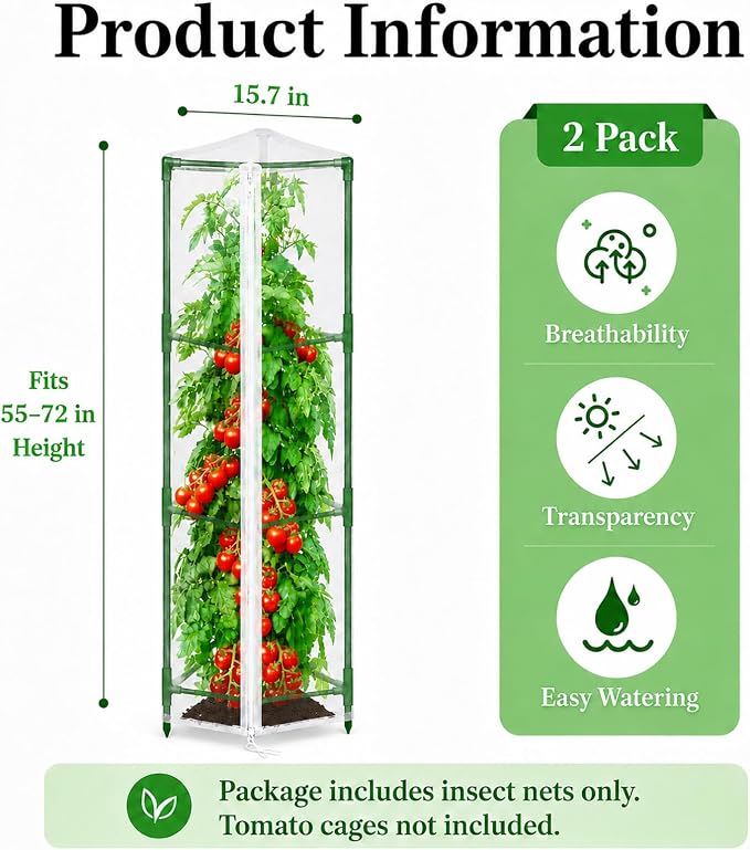 Halatool Garden Tomato Plant Cover Netting, Fits 55–72" Tall Tomato Cages, Garden Bird Netting with Zipper & Drawstring, Insect Barrier, Plant Covers from Insects Animals, 2 Pack, 61"×15.7"