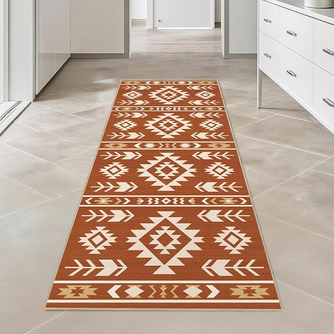 Western Runner Rug 2x6 for Hallway Kitchen Bedroom, Southwestern Aztec Tribal Runner Rugs Southwest Navajo Machine Washable Rug Non-Slip Printed Low-Pile Floor Carpet Mat for Living Room, Yellow Brown