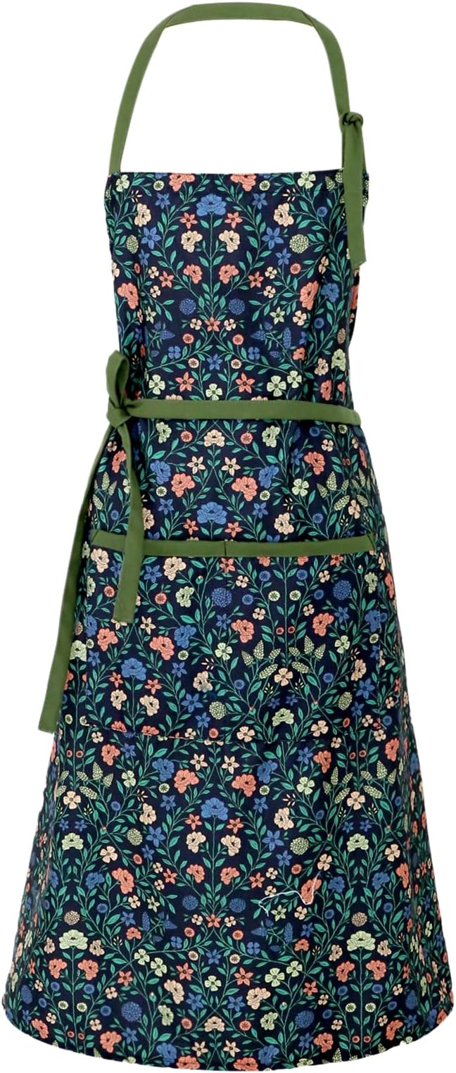 Women's Vintage Floral Kitchen Apron for Cooking & Gardening | Adjustable Neck Straps & Large Pockets, Cute Pinafore for Baking Tea Time, Practical Hostess Gift(Pink/Blue Flowers)