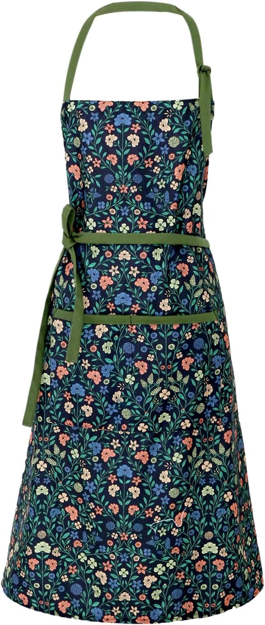 Women's Vintage Floral Kitchen Apron for Cooking & Gardening | Adjustable Neck Straps & Large Pockets, Cute Pinafore for Baking Tea Time, Practical Hostess Gift(Pink/Blue Flowers)
