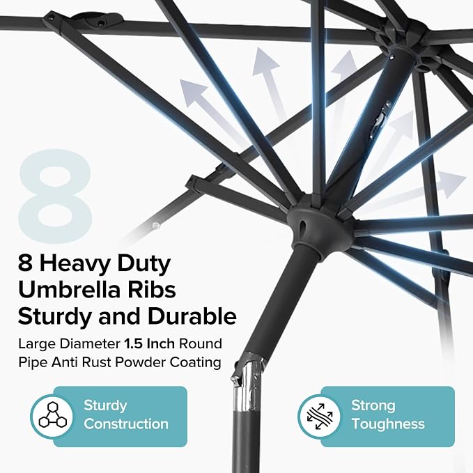 NEWBULIG 10ft Solar Patio Umbrella with 32 LED Lights, Table Market Umbrella with Tilt Adjustment & Crank Lift, Outdoor Sun Umbrella for Garden, Deck, Backyard, Pool and Beach