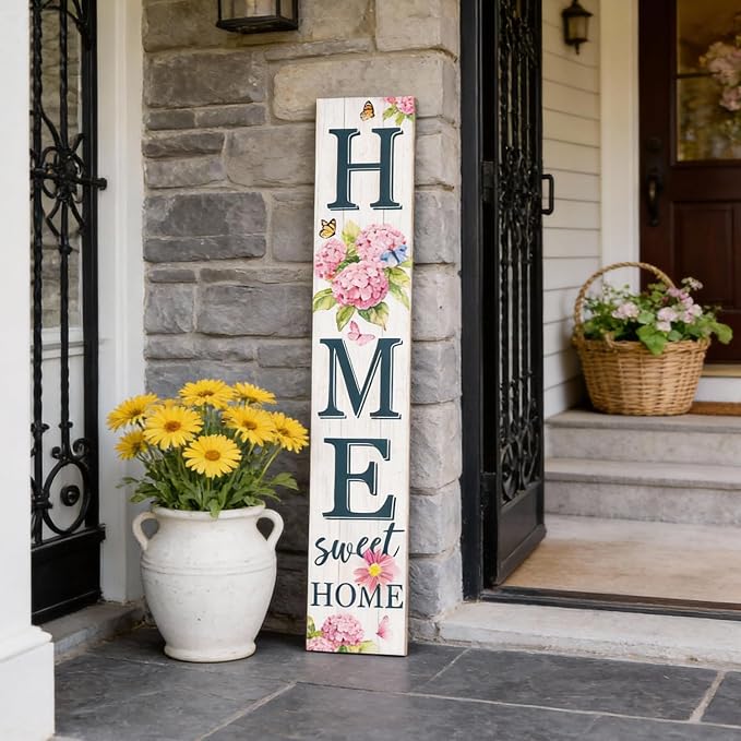Home Sweet Home Welcome Sign for Front Porch, 47" Wood Framed Porch Sign Spring Hydrangea Flower Decorations with Hanging Rope, Farmhouse Yard Signs Home Decor for Outdoor Patio Gift for Family and Friends