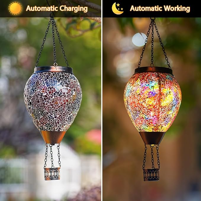Hot Air Balloon Solar Lantern with Flame | Handmade Glass, Flickering Flame, Waterproof Outdoor Lantern, for Patio, Garden, Porch, Red & Brown