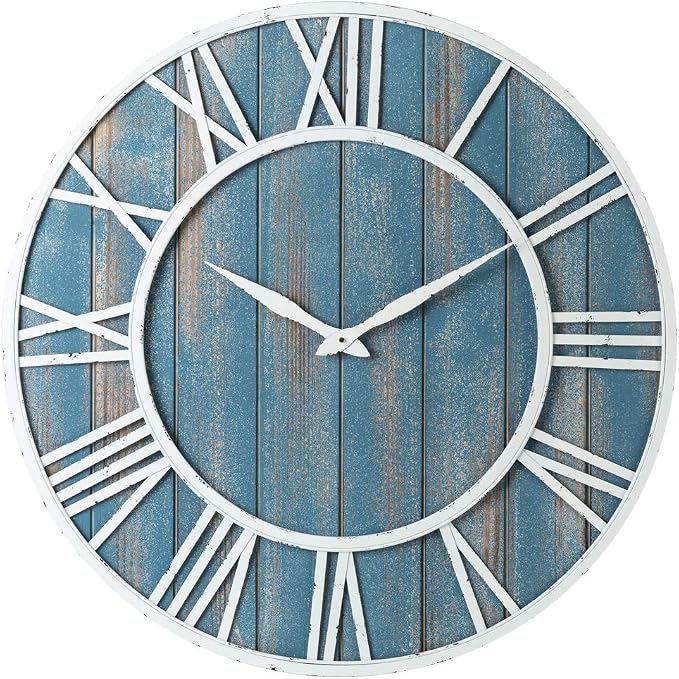 36" Coastal Wall Clock - Metal & Solid Wood Noiseless Weathered Beach Blue Wall Clock