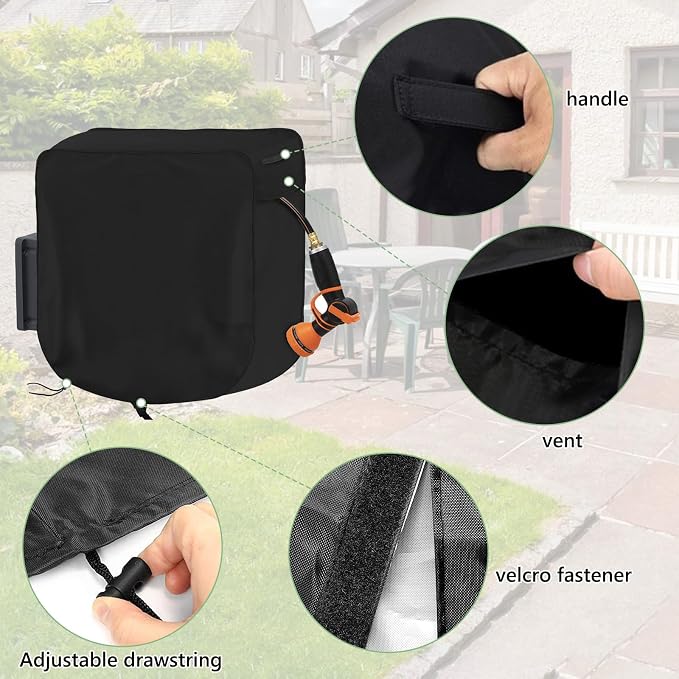 Garden Wall-mounted Hose Reel Cover Protection for Your Retractable Garden Hose Reel Heavy Duty Waterproof and UV Resistant Oxford Fabrics 24"L x 18"W x 24"H Black