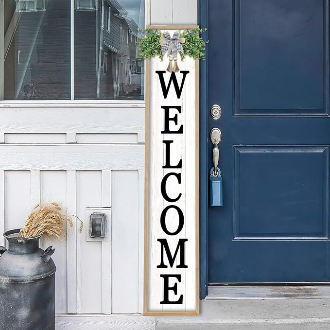 Welcome Sign for Front Porch Standing 45"X9" Large Vertical Farmhouse Outside Front Door Sign Leaner Tall Vintage Outdoor Wreath Patio Garden Wood Framed Decorations (Wood White)