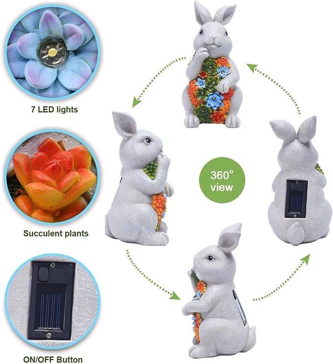 Solar Garden Outdoor Statues Bunny with Succulent | 7 LED Lights, Lawn Decor Statue for Patio, Balcony, Yard Ornament, Gifts for Mom Grandma Women