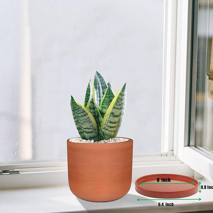 Yukfona Ceramic Plant Saucer Tray 2 Pcs 6.4 Inch Red Terracotta, 6.4"OD x6.02"ID x0.9"Deep| Fits flower pots Bottom≤ 6", Heavy Duty Glazed Round Planter Drip with Catch Basin for Indoor Outdoor Plants