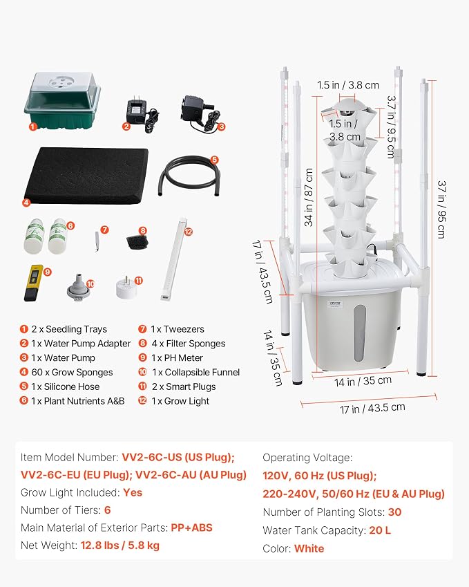 VEVOR Hydroponic Tower, 30 Pods 6 Tiers Hydroponics Growing System Kit with LED Grow Light & App Control, Vertical Home Garden with 20L Water Tank & Pump, Planter for Indoor Herbs, Fruits, Vegetables