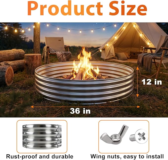 Fire Pit Ring for Outside Wood Burning, 36in Outdoor Fire Pit, Heavy Duty Steel Burn Pit for Backyard, Camping, Bonfire, Modern Style Large Metal Fire Pit Ring