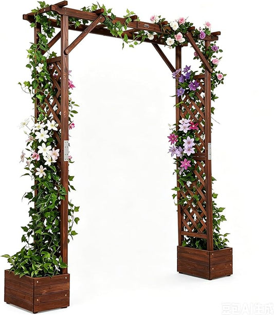 VINGLI Wooden Garden Arbor with Planter, Wedding Arch for Ceremony, Wood Garden Arbour Trellis for Plant Climbing, Pergola for Garden Backyard, Lawn, Outdoor (Dark Brown)