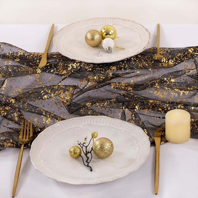 Socomi Gold Table Runner Gauze Tulle Sheer Glitter Metallic Foil Chiffon Cheesecloth Sequin 10FT Wedding Birthday Party Dining Anniversary Holiday Centerpiece Table Decor Black