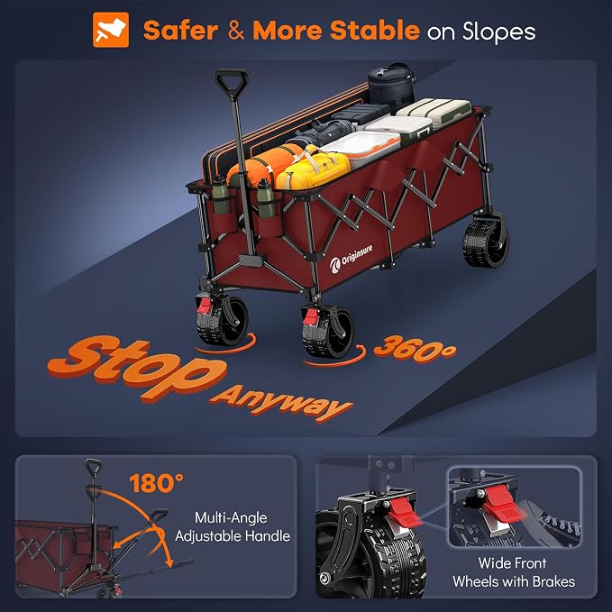 48" L Collapsible Beach Wagon Cart Foldable, 560lbs Weight Capacity 300L Heavy Duty Folding Wagons with Big All-Terrain Wheels, Utility Carts for Groceries, Shopping, Camping, Sports - Red