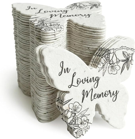 Plantable Memorial Gift Tags with Wildflower Seeds – 48 Pack Black & White Butterfly-Shaped Writable Gift Wrap Tags for Funeral Favors, Sympathy Gifts & Celebration of Life Keepsakes