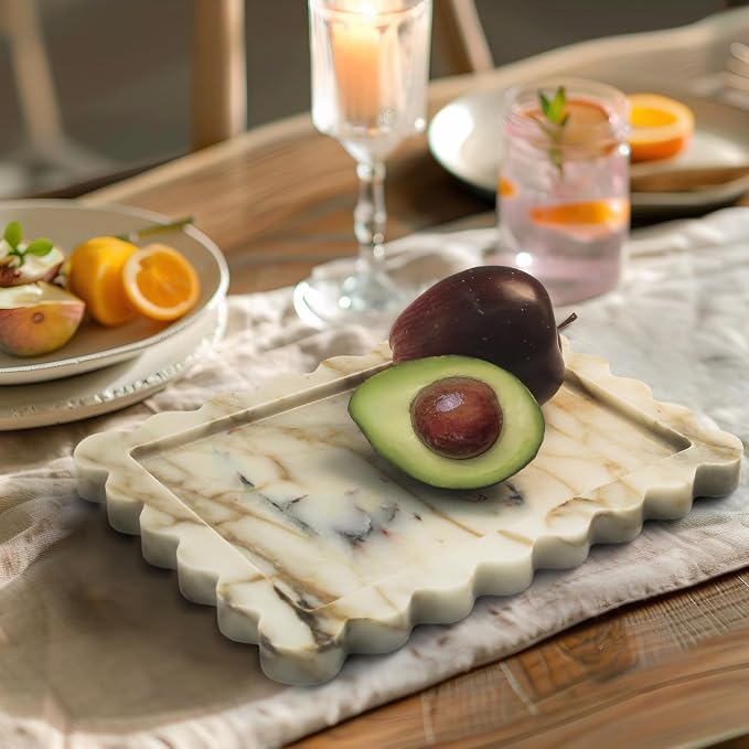 YMXYJM Genuine Calacatta Viola Scalloped Marble Tray, Real Natural Marble Stone Tray, Luxury Decorative Trays for Bathroom, Dresser, Vanity, Kitchen, Home Decor, 10.6" x 8", Calacatta Gold