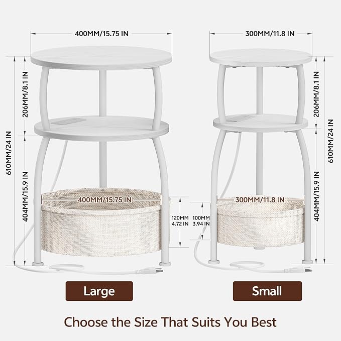 Round Side Table with Charging Station, USB Type C Port, White | Small Table with Storage Basket,Tall Side Table for Sofa,Small Spaces, Nightstand for Living Room Bedroom, 15.75in