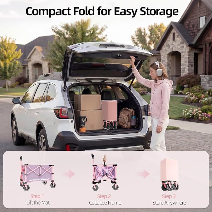 EchoSmile Lightweight Collapsible Wagon Cart, Compact Foldable Wagon for Grocery, Camping & Sports, Easy Fold Utility Wagon,Pink&Purple