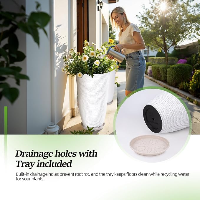 QCQHDU Set of 2 9 Gallon Tall Large planters for Outdoor/Indoor Plants of 12" Dia x 21" H Round Flower Pots Set Faux Stone Finish Front Door Patio Square Porch Planters with Tray, White