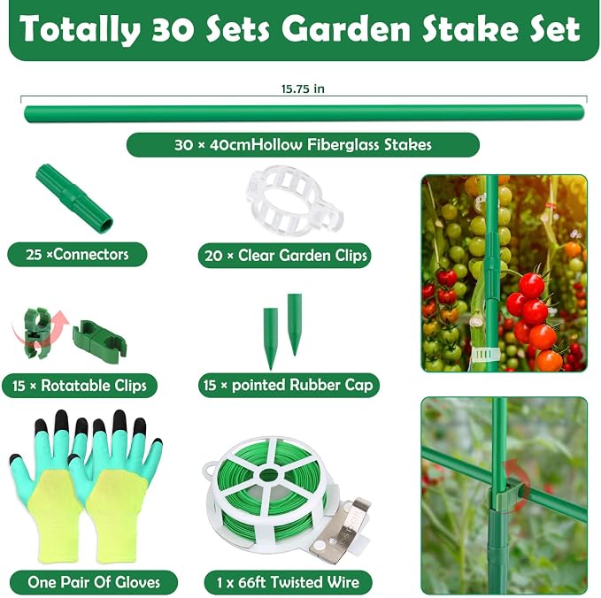 Cludoo 94PCS Garden Stakes Set with 30 Sets Fiberglass Plant Stakes Sticks Supports and Accessories, DIY 4ft 5ft 6ft 7ft Tomato Stakes for Tomato,Vegetables, Pepper, Indoor Outdoor Spring Plants