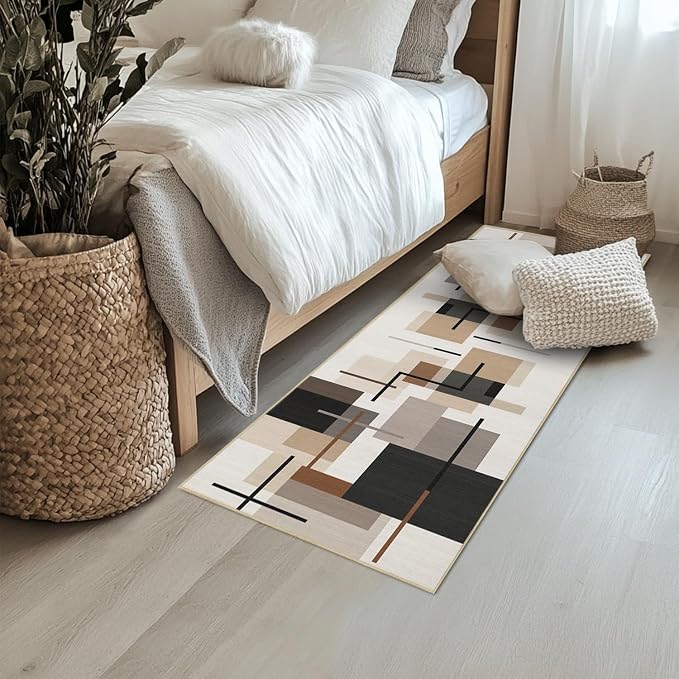 Geometric Runner Rug 2x6 for Hallway Neutral Abstract Mid Century Modern Rug Soft Washable Rugs Non Slip Low Pile Carpet for Kitchen Entryway Laundry Room Bedroom,Beige Brown Black