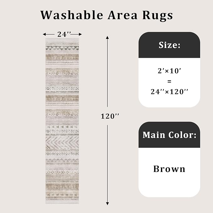 Art&Tuft 2x10 Runner Rug Non Slip, Washable Rug Runners for Hallways,Brown | Low Pile, Moroccan Soft & Lighweight, Folable, Stain Resistant 10ft Carpet Runners for Entryway,Kitchen,Living Room,Bedroom