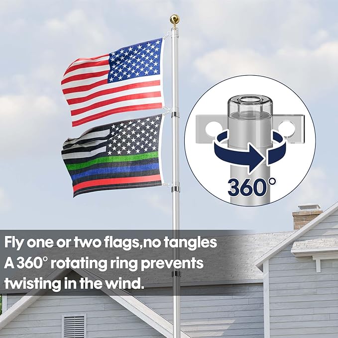 30FT Telescoping Flag Pole for Outside House, Extra Thick Telescopic Flagpole with USA Flag, Inground Outdoor Use, Camper RV, Residential & Commercial, Complete Hardware & Top Ball (Silver)