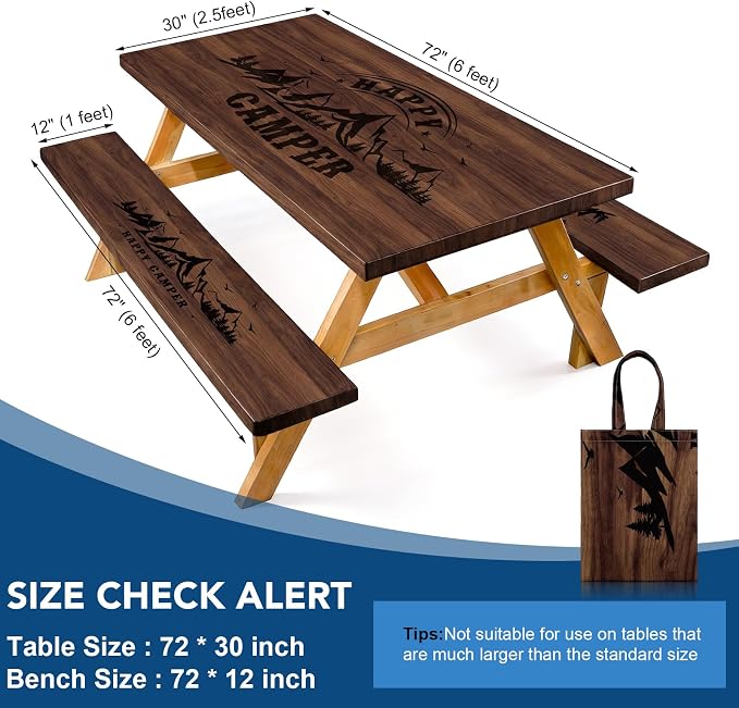Dntorx Picnic Table Cover with Bench Covers, 72 in, Brown | Waterproof, Windproof, Elastic Edges Fitted, Rectangle Tables and Seats, RV Gear Campers