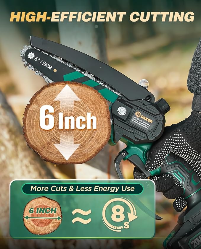 Saker Mini Chainsaw with Auto Oiler|6 Inch Chainsaws[2026 Upgraded]|Mini Cordless Electric Chain Saw|Small Handheld Portable Chainsaw Battery Powered for Tree Trimmer and Garden 2 Batteries+3 Chains