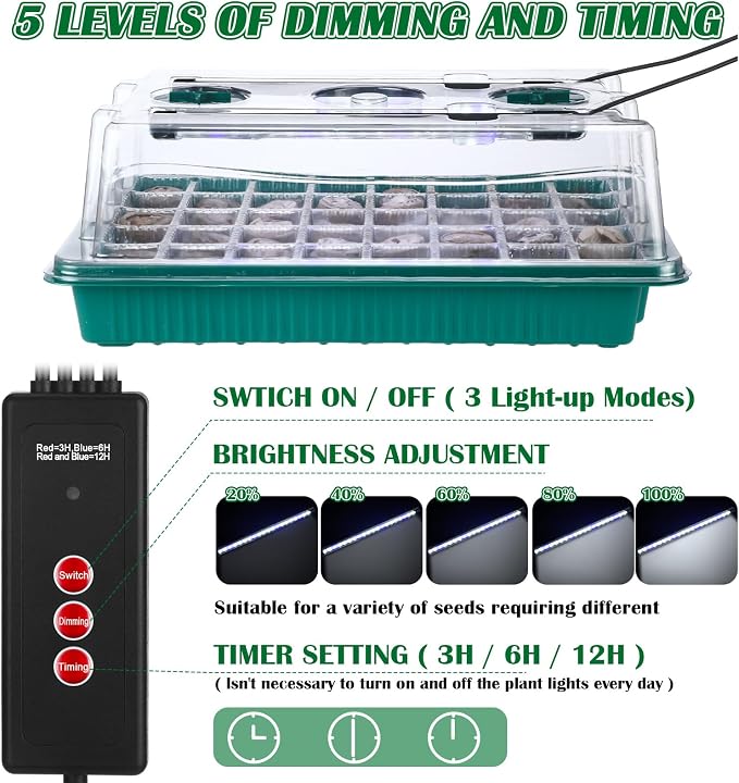 FillTouch 2 Packs 80 Cells Seed Starter Trays Kit with 4 Grow Light Seed Starter Kit Seedling Starter Trays with Humidity Dome and 80 Pcs Peat Pellet for Garden Seeds Propagation Seedlings