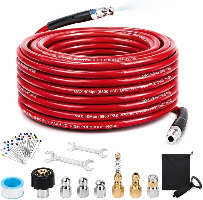 Sewer Jetter Kit for Pressure Washer, 100FT 5800 PSI Drain Cleaner Hose with 1/4" NPT Corner, Rotating and Button Hose Sewer Jetting Nozzle, Waterproof Tape, Pearl Corsage Pin, Spanner, Glove