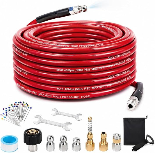 Sewer Jetter Kit for Pressure Washer, 100FT 5800 PSI Drain Cleaner Hose with 1/4" NPT Corner, Rotating and Button Hose Sewer Jetting Nozzle, Waterproof Tape, Pearl Corsage Pin, Spanner, Glove