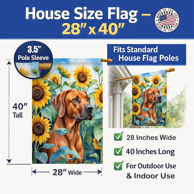 Caroline's Treasures DAC6149CHF Rhodesian Ridgeback in Sunflowers House Flag Large Porch Sleeve Pole Decorative Outside Yard Banner Artwork Wall Hanging, Polyester, House Size, Multicolor