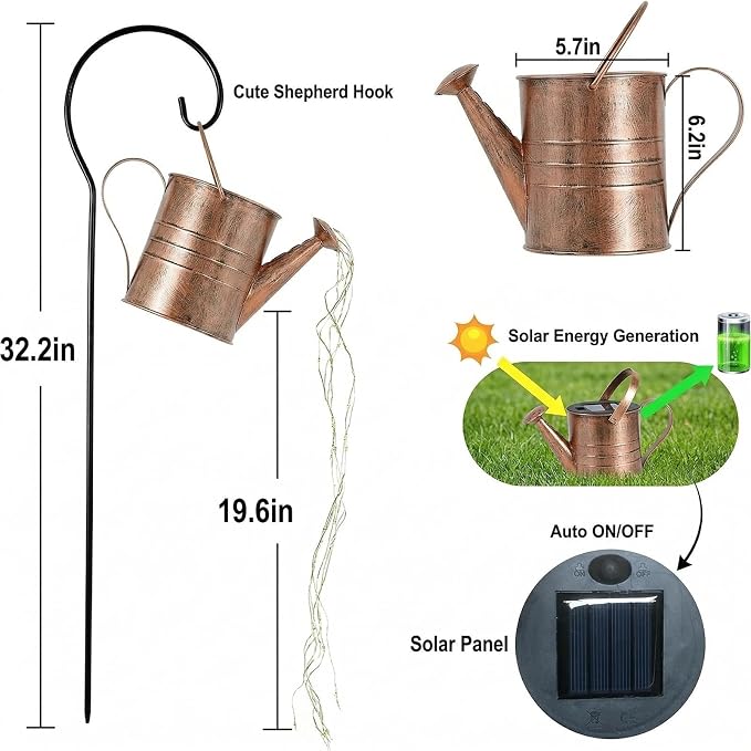 Solar Watering Can Lights Outdoor, Hanging Metal Garden Decor with Cascading Warm White Fairy Lights, Waterproof Yard Patio Lawn Ornament, Gifts for Gardeners
