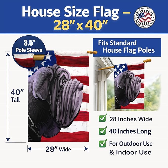 Caroline's Treasures CK6625CHF Neapolitan Mastiff Dog American Flag House Flag Large Porch Sleeve Pole Decorative Outside Yard Banner Artwork Wall Hanging, Polyester, House Size, Multicolor