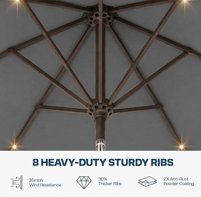 10FT Solar Patio Umbrella with Lights, Outdoor Table Market Umbrella with 32 LED Lights, 8 Sturdy Ribs, Push Button Tilt and Crank for Pool, Deck and Garden, UV-Resistant
