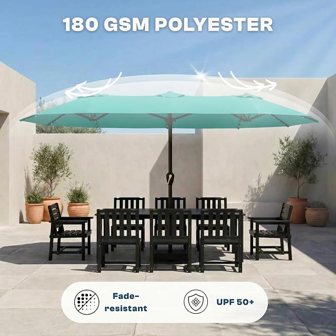 15FT Large Patio Umbrella with Base Included, Double Sided Outdoor Market Umbrella with Flexible Fiberglass Ribs, UV-Blocking Extra Large Umbrella for Garden, Pool, Deck, Turquoise Blue