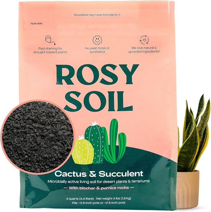 Rosy Soil Cactus & Succulent Potting Mix, 4 Quarts | Organic Succulent Potting Soil, Chunky Fast Draining, Peat-Free, Root Boosting Mix, for AloeVera, Cacti, Indoor Succulents