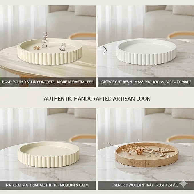 13" Round Concrete Decorative Centerpiece Tray for Coffee Table Cream | Modern minimalist centerpiece tray for coffee table, living room, dining & office storage display, sturdy tabletop home decor