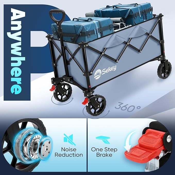 Sekey Collapsible Foldable Wagon with 300lbs Weight Capacity, Heavy Duty Folding Wagon Cart with Big All-Terrain Wheels.Blue