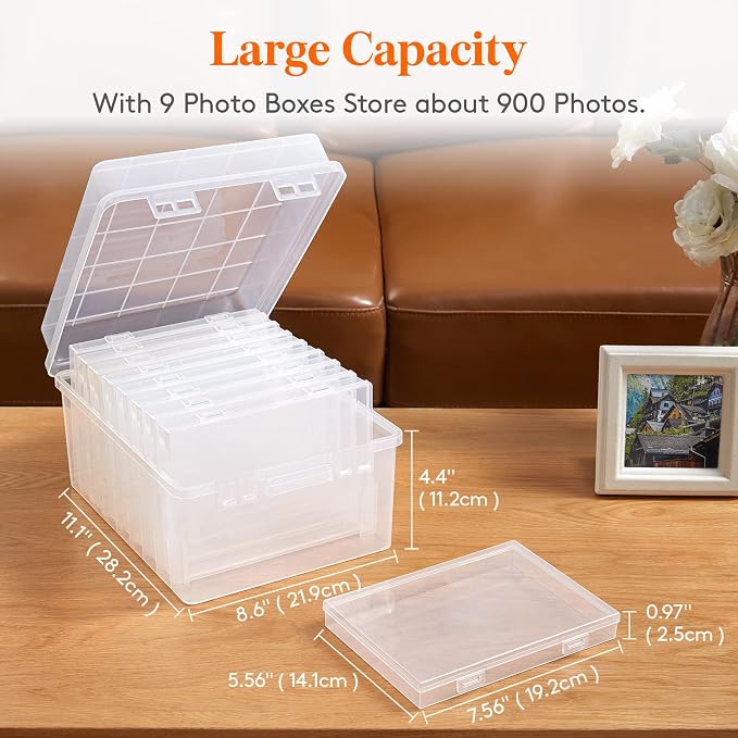 Lifewit 1 Pcs Photo Storage Set with 9 pcs 5"x7" Inner Photo Box& 28 x 22 cm/11x8.5 Transport Case, Craft Organizer for Seed Cards Pictures Office Supplies with 1 Sheet Label Sticker, Clear
