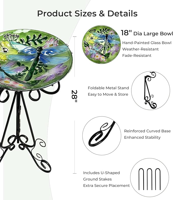 Large Bird Bath for Outside, Glass Bath Bowl with Metal Stand 28" H Standing Outdoor Birdbaths for Garden Yard Lawn Decor, Dragonfly-New
