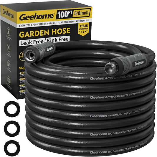 Heavy Duty Garden Hose, 100 ft x 5/8" Long Polyurethane Water Hose with Swivel Fittings, Flexible, Lightweight, No-Kink, Leakproof, Burst 600 PSI, Black