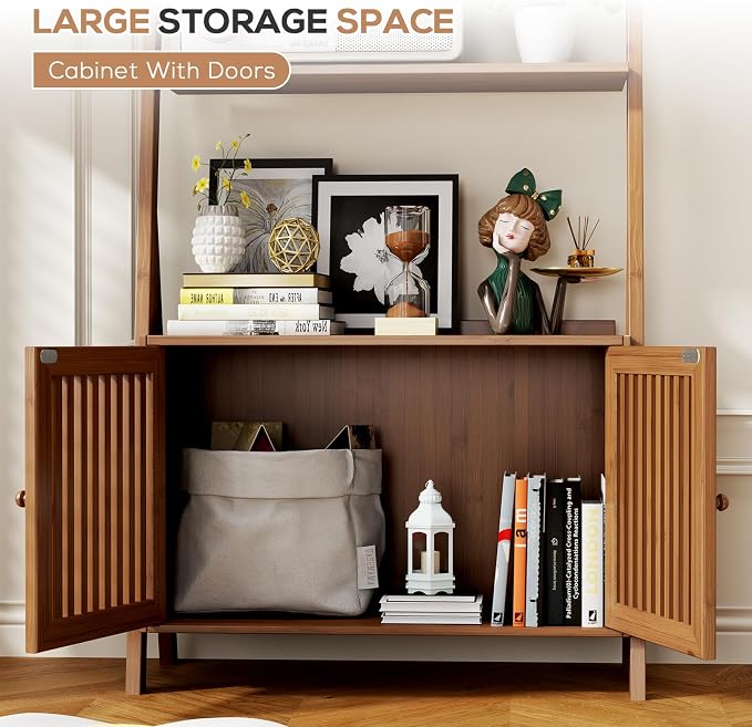 Bookcase with Drawers, 4-Tier Bamboo Bookshelf Ladder Shelf with 6 Hooks, Tall Narrow Retro Book Shelf, 24.8"L x 10.6"W x 59.5"H, Standing Storage Organizer for Living Room, Office, Bedroom, Walnut
