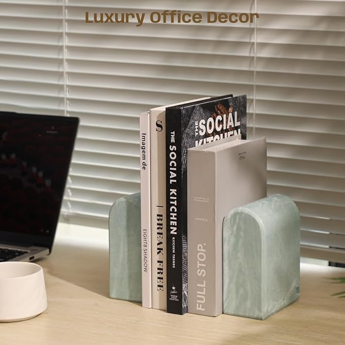 Marble Bookends for Shelves, Decorative Book Ends, 13lbs Heavy-Duty Marble Book Holders, Stone Bookshelf Decor, Light Green